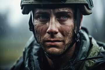 portrait of a crying male soldier on battlefield in war. Generative AI