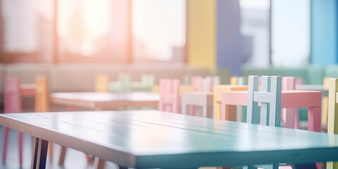 Kids Pastel Retro Table Counter Top, Podium Pedestal, Abstract Living Room Space Background in Interior. Product Mock up Display, Back Drop. Generative AI.