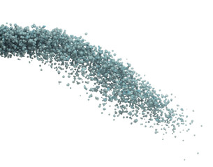 Fertilizer blue chemical accelerate growth fly fall explosion, many tiny ball fertilizer for planting float throw in mid air. White background isolated high speed freeze motion