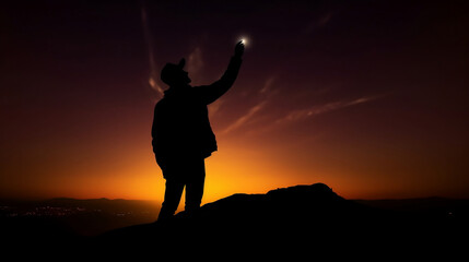 Fototapeta na wymiar Man silhouette holding up a bright mobile phone. Generative AI.