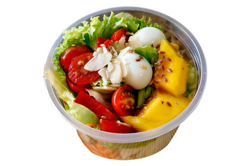 Fresh vegetable salad in an open plastic bowl packing