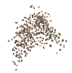 Fish Tank decorative Rock stone gravel fly explosion fall, brown stone rock explode abstract cloud fly, splash in air for ground floor. White background isolated high speed shutter freeze shot