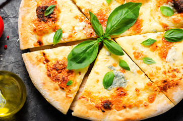 Four Cheese Pizza on Dark Background, Freshly Baked Pizza
