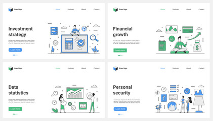 Financial growth strategy, investment and personal data security set vector illustration. Cartoon tiny people invest money in project and research growth of data statistics, investors crowdfunding
