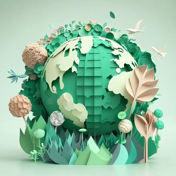 abstract background world environment and Earth day concept with green globe, eco world environment day, light, plants and flowers, paper art and craft style concept. 
Created using generative AI.