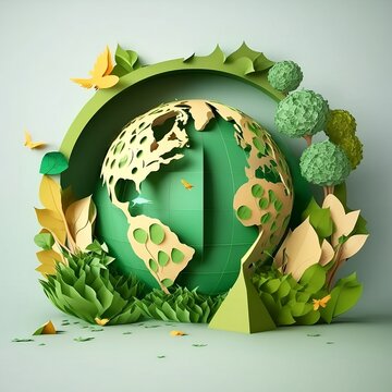 Abstract background playfull world environment and Earth day concept with green globe, eco world environment day, paper art and craft style concept. 
Created using generative AI.