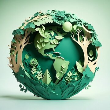 abstract background world environment and Earth day concept with green globe, eco world environment day, paper art and craft style concept. 
Created using generative AI.
