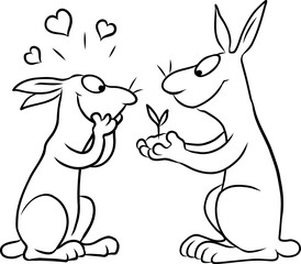 Cartoon Illustration von zwei niedlichen Hasen, die von Herzen lächelnd und staunend den Setzling einer grünen Pflanze in der Hand halten	