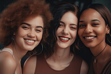 Multiracial women standing together and smiling at camera. Portrait of interracial female models. Diversity concept. Created with Generative AI