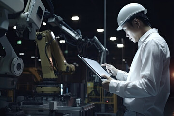 Engineer with tablet computer at factory workplace. Industrial worker controls operation of robotic production line. Created with Generative AI