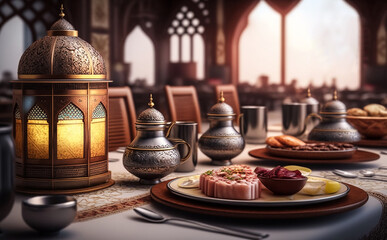 Fototapeta na wymiar Traditional oriental table setting in the mosque. Ramadan Kareem. Ai generative