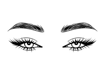 Vector Hand drawn beautiful female eyes with long black eyelashes and brows close up.