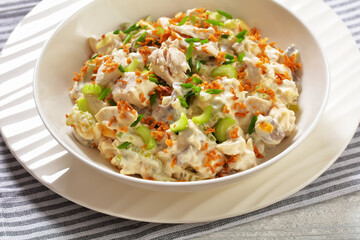 chicken salad with celery, mushrooms in bowl