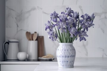  a white vase filled with purple flowers on top of a counter top next to a knife and utensil set on top of a counter.  generative ai