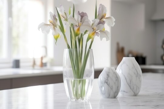  a vase with flowers in it sitting on a table next to a marble vase with flowers in it and a marble vase with flowers in it.  generative ai