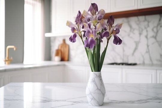  a marble vase with purple flowers in it on a kitchen countertop next to a sink with a faucet and a window in the background.  generative ai