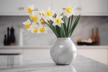  a white vase filled with yellow flowers on a counter top next to a marble counter top with white cabinets and a marble countertop with a marble counter top.  generative ai