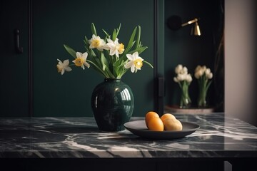  a bowl of oranges and a vase of daffodils on a marble countertop in a green room with a mirror behind it.  generative ai