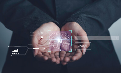 Chat with Ai or Artificial Intelligence tech concept. Businessman show virtual AI brain smart...