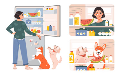 Pet owner. The woman opened the fridge with food and feeds the pets. Hungry woman checking refrigerator with food. Dogs choose food in the refrigerator. Flat vector illustration.