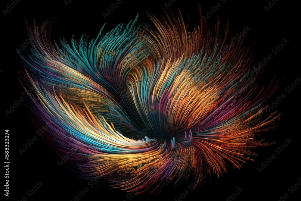 Poster abstract colorful illustration of a twirling and twisted dynamic shape, made from multiple thin thre