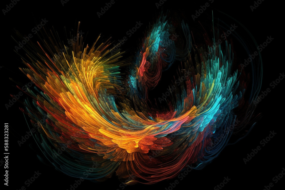 Poster abstract colorful illustration of a twirling and twisted dynamic shape, made from multiple thin thre