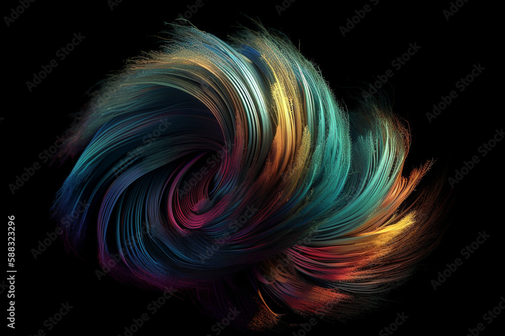 Poster abstract colorful illustration of a twirling and twisted dynamic shape, made from multiple thin thre