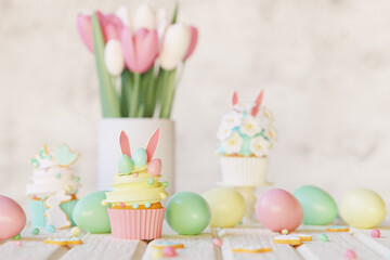 Easter cakes, cupcakes, eggs and gingerbread cookies on white wooden table. 3d render