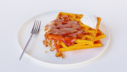 Plate of belgian waffles with whipped cream and caramel sauce. 3d render