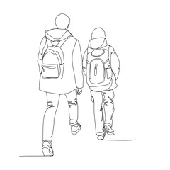 Fototapeta na wymiar 2 tourists walking. Wearing backpacks and jackets. Vector illustration in line art style.