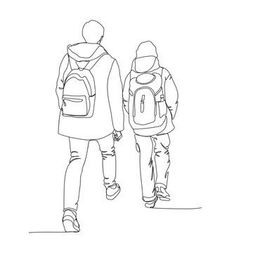 recommend clip art: 2 tourists walking. Wearing backpacks and jackets. Vector illustration in line art style.