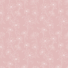 Seamless floral pattern with white abstract flower outlines on pink. Vector illustration. 