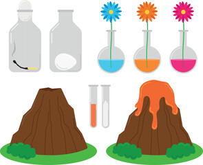 Egg and match experiment, flower and colored water experiment, home volcano experiment, vector illustration