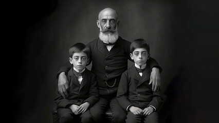Fototapeta na wymiar Daguerreotype of a father with his two sons.Generative AI illustration of fathers day.