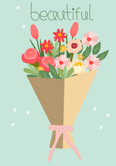 Flat-style vector illustration of a blossoming flower bouquet a blue background.Tulip, chamomile, rose and wildflowers in craft paper, perfect for various celebrations. Vector illustration.