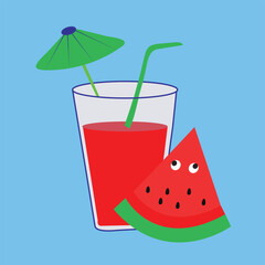 glass of watermelon juice and watermelon.Glass of watermelon juice with straw and slice of watermelon. Tasty fruit smoothie or tropical cocktail. Vector illustration cartoon flat icon.