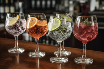 Five gin and tonics await on a bar counter, each in a different hue - obrazy, fototapety, plakaty