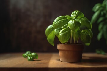 a pot of basil on a wooden table - ai generated