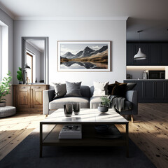 Contemporary open plan living area furnished with a grey sofa and coffee table