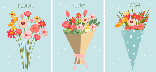 Flat-style vector illustration of a blossoming flower bouquet a blue background.Tulip, chamomile, rose and wildflowers in craft paper, perfect for various celebrations. Vector illustration.