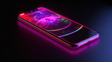 A Smartphone with an neon lights Screen on a desk