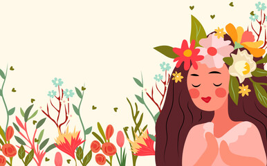 A charming image of a woman with a wreath on her head with colorful wild flowers and hearts in a circle. Perfect for spring cards and posters, banners, invitations, Mothers Day or Women Day. Vector
