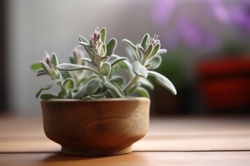 a little pot of growing sage on a wooden table - ai generated