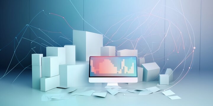 light illustration of business graphs and progression. The way to success in digital future style. Achievement, goal success concept with business icons. Paper art. 
Created using generative AI.