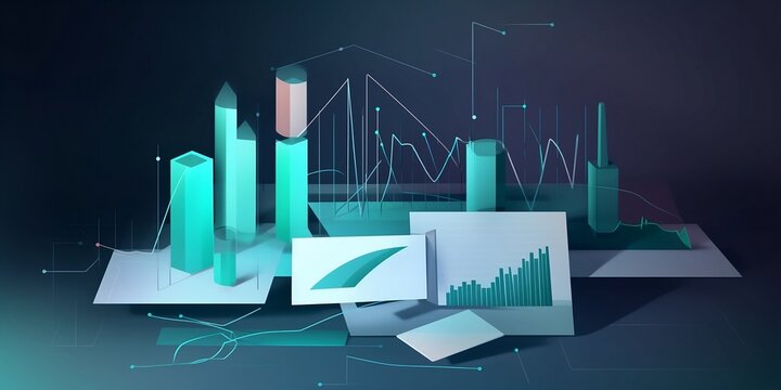 Futuristic illustration of business graphs and progression. The way to success in digital future style. Achievement, goal success concept with business icons. Paper art. 
Created using generative AI.