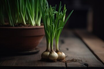 close up of scallions on a wooden table - ai generated