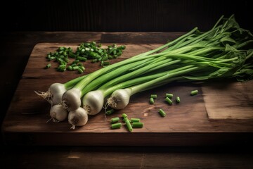 close up of scallions on a wooden table - ai generated