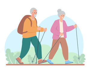 Senior people active healthy lifestyle concept. Elderly couple of men and women walking, hiking or traveling. Vector cartoon or flat illustration.