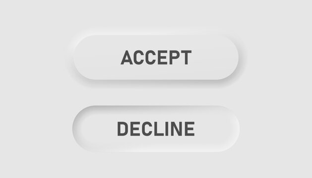 Accept and decline buttons icon in neumorphism style. Icons for business, white UI, UX. Yes, no symbol. Next, choice, app, agree . Neumorphic style. Vector illustration.