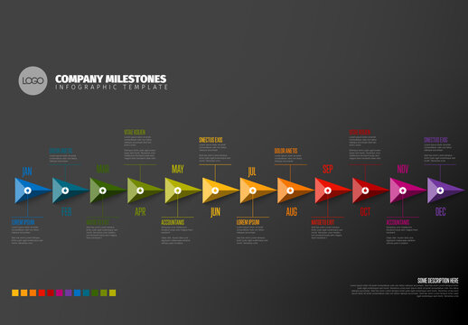 Full year dark timeline template with 12 month labels made from rainbow pyramid arrows